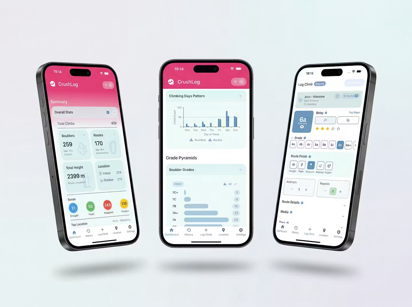 CrushLog app showing climbing session logging and grade pyramid analytics