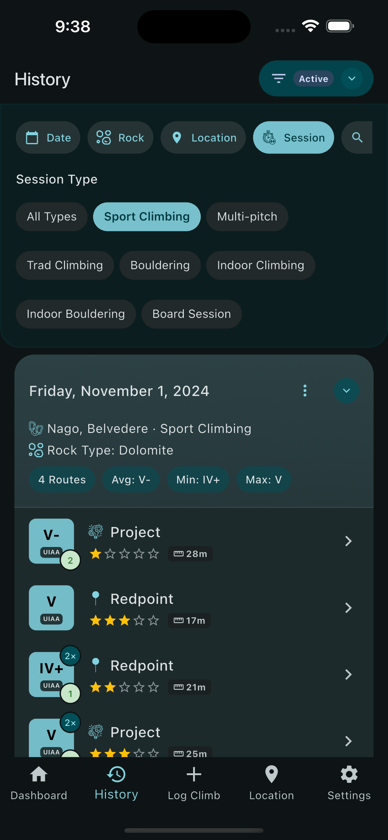 CrushLog climbing history timeline with session details and grades